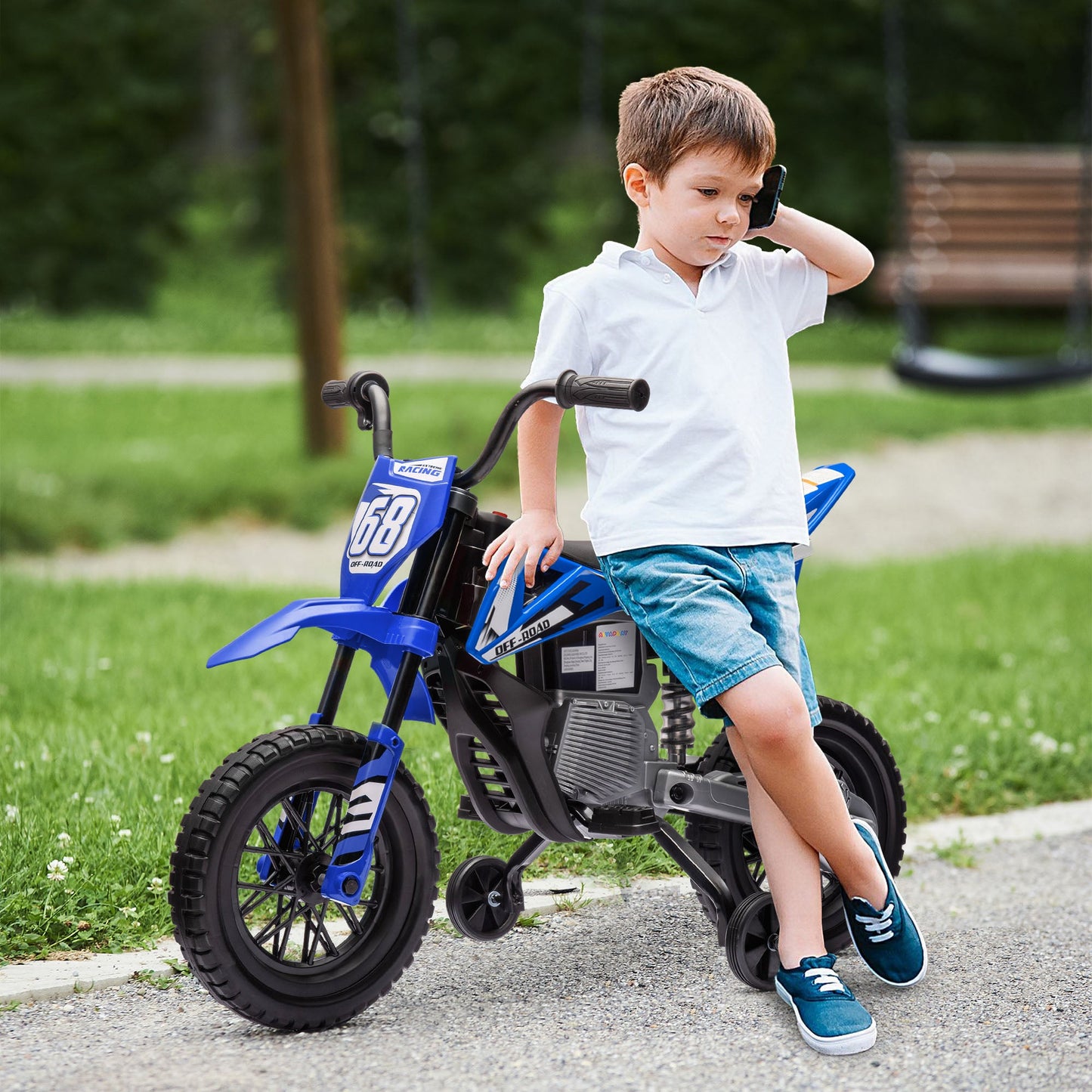 12V Kids Electric Motorbike, Kids Electric Ride on Motorcycle w/ Twist Grip Throttle, Training Wheels - Blue-1