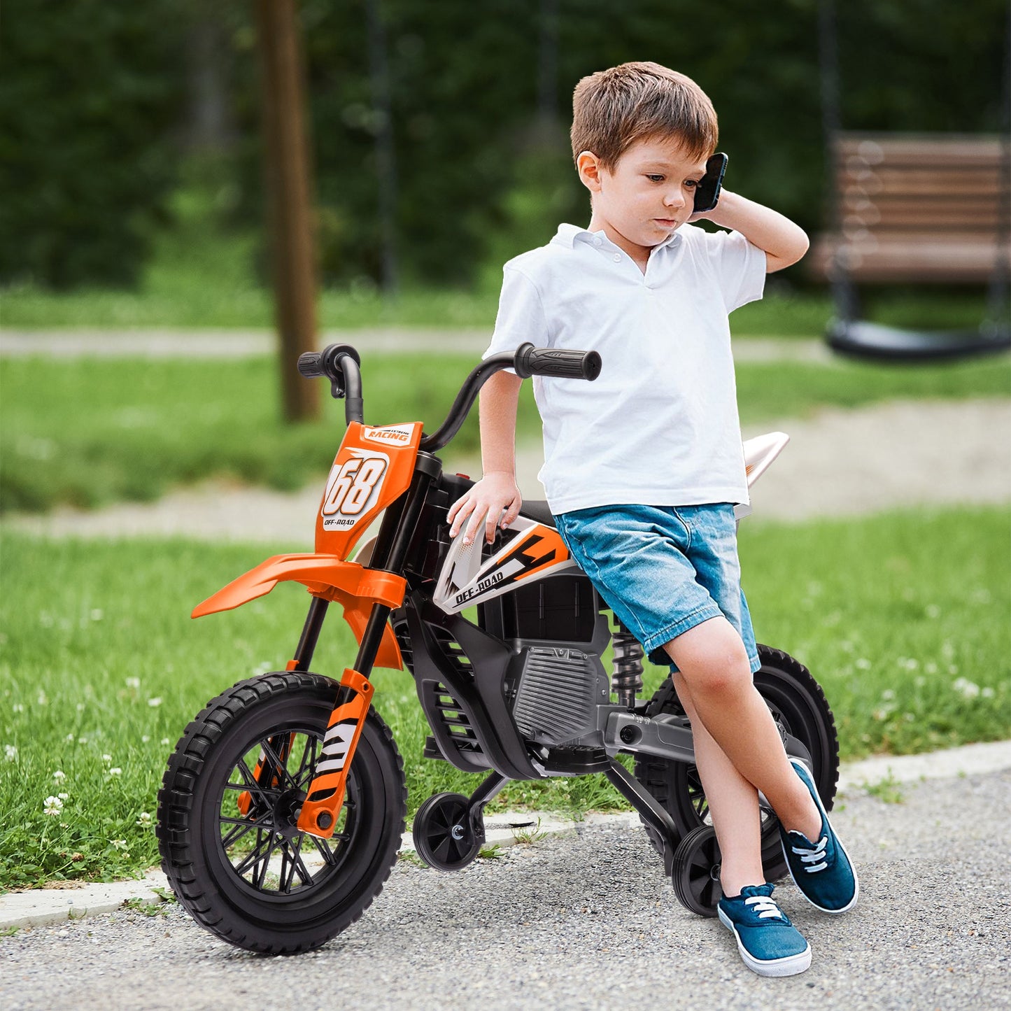 12V Kids Electric Motorbike, Kids Electric Ride on Motorcycle w/ Twist Grip Throttle, Training Wheels - Orange-1
