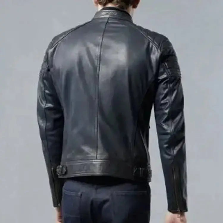Men's Navy Blue Sheepskin Leather Biker Jacket-2