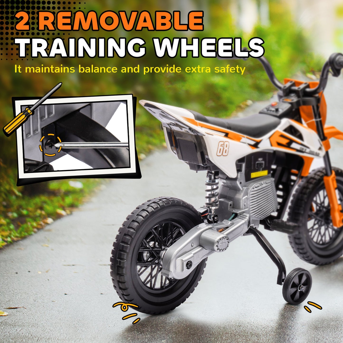 12V Kids Electric Motorbike, Kids Electric Ride on Motorcycle w/ Twist Grip Throttle, Training Wheels - Orange-4