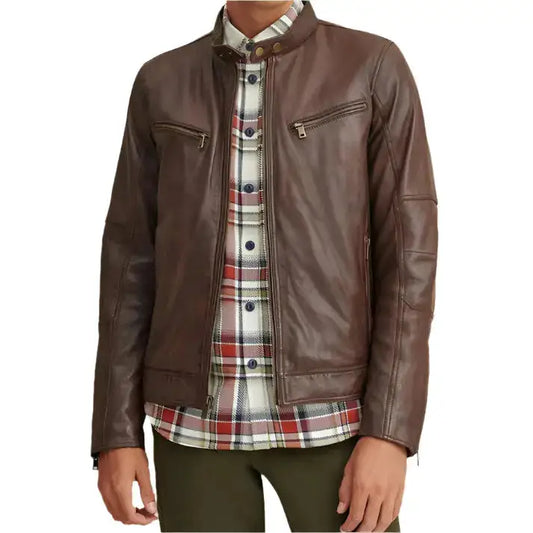 Mens Brown Leather Moto Biker Jacket-0