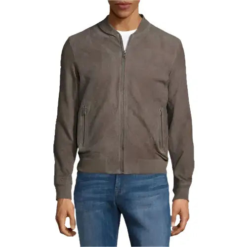 Men’s Gray Suede Leather Bomber Jacket-0